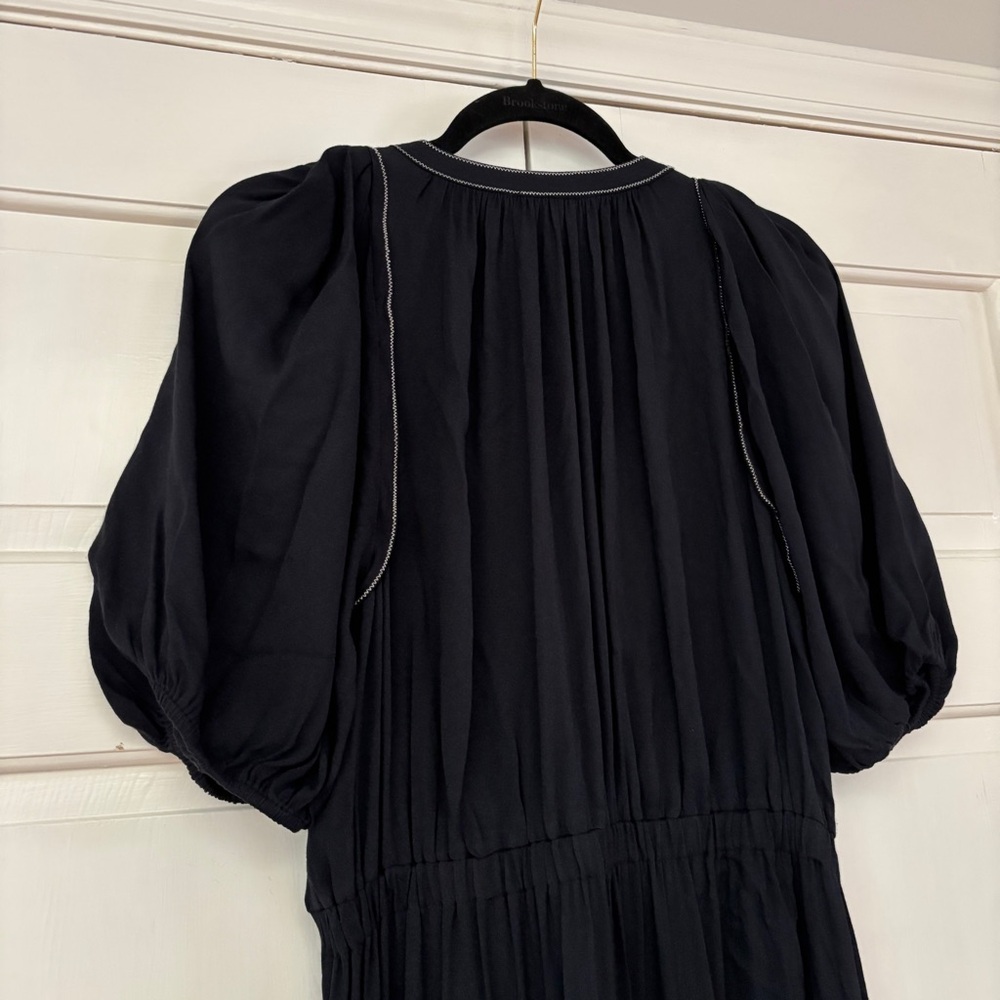 Ulla Johnson Leah Dress Noir Black Midi Puff Sleeve Contrast Trim Size 10 Tie‎ - Picture 5 of 16